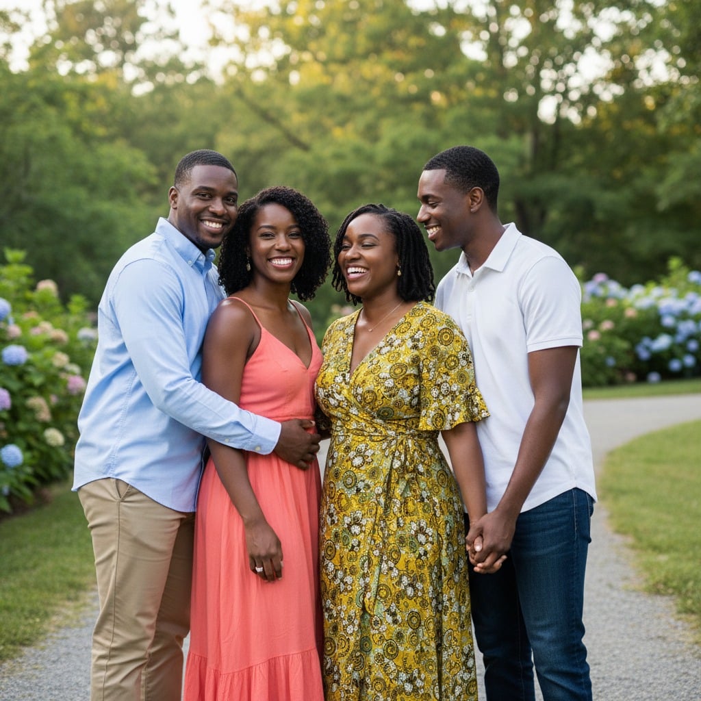 Two smiling couples pose together outdoors on a paved path surrounded by trees and flowers.
