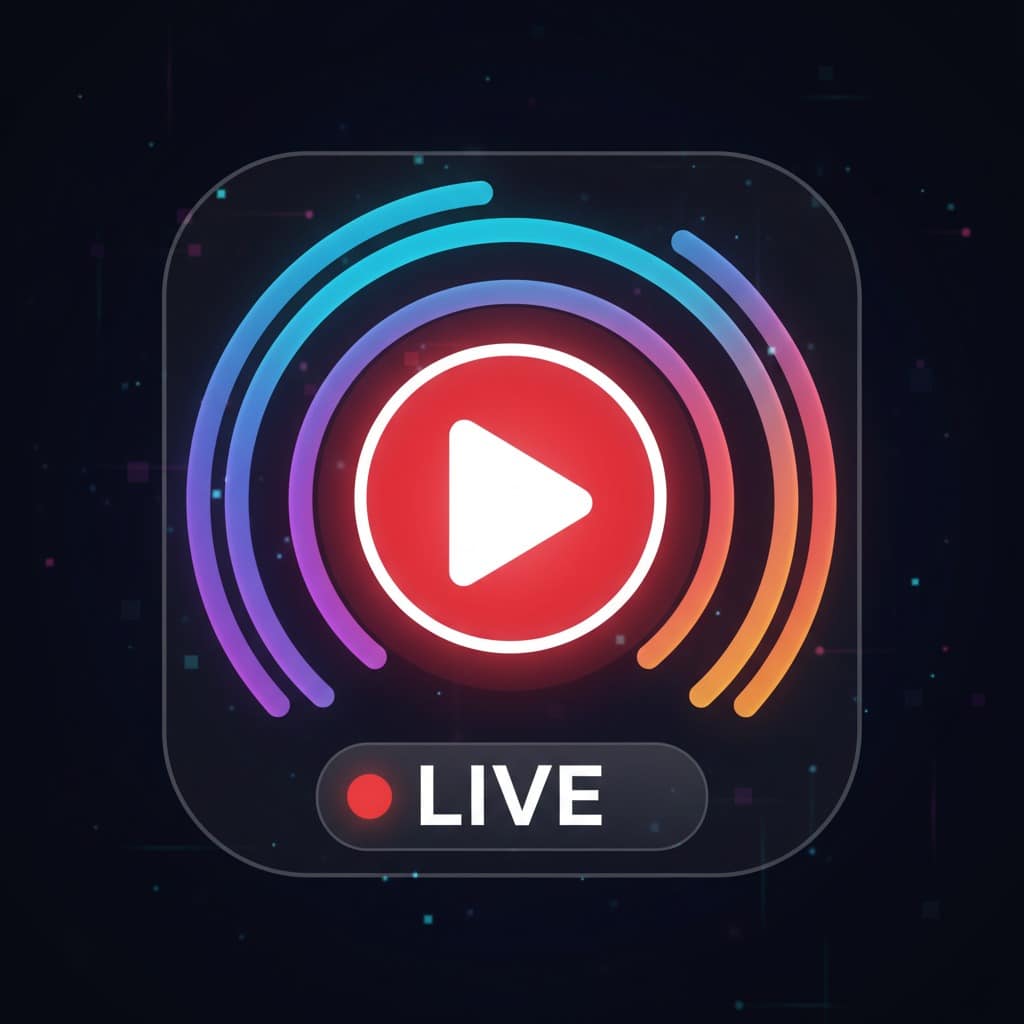 A glowing red play button is surrounded by concentric neon arcs and a live broadcast badge on a dark background.