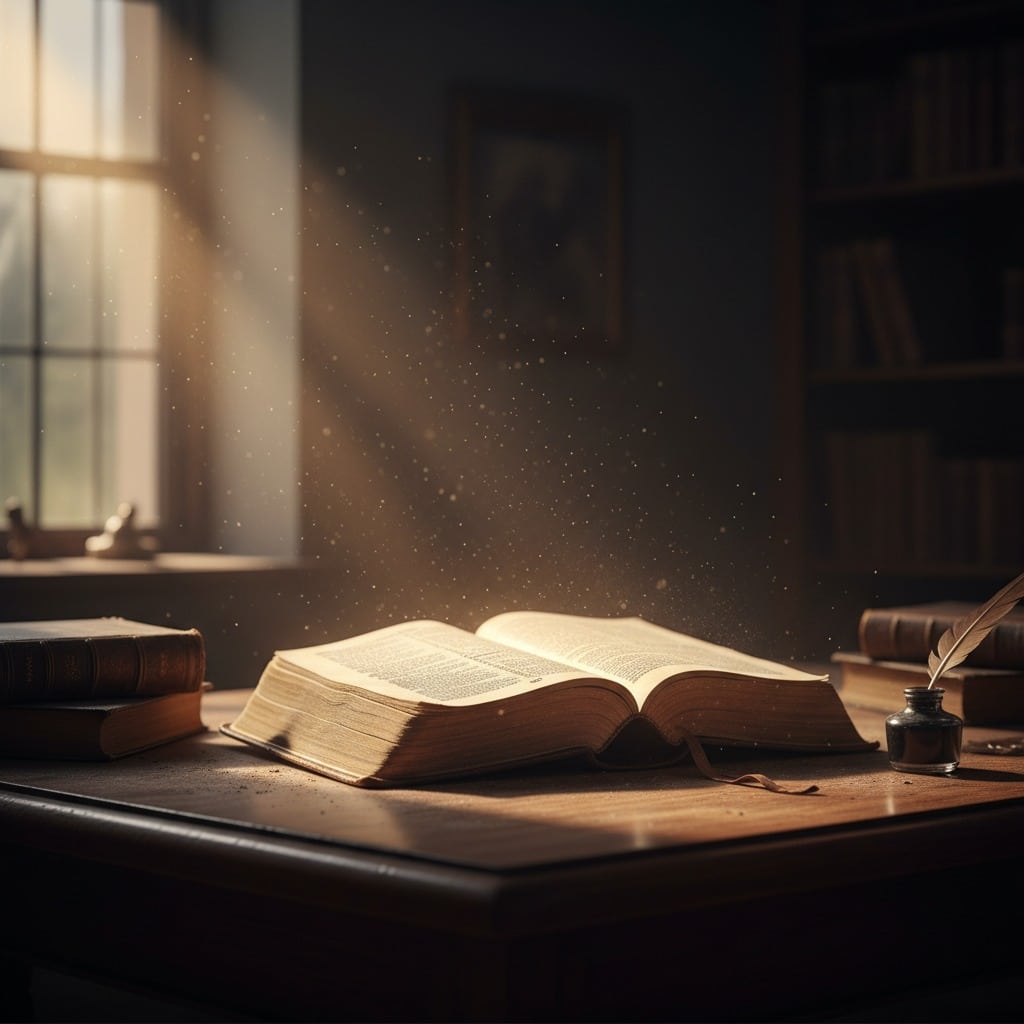 Bible lies on a wooden desk illuminated by a beam of sunlight